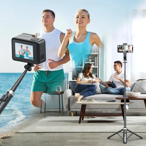 Vista 8 de Trípode para palo de selfie de 51 pulgadas, soporte extensible para teléfono celular con control remoto, trípode de viaje de aleación de aluminio