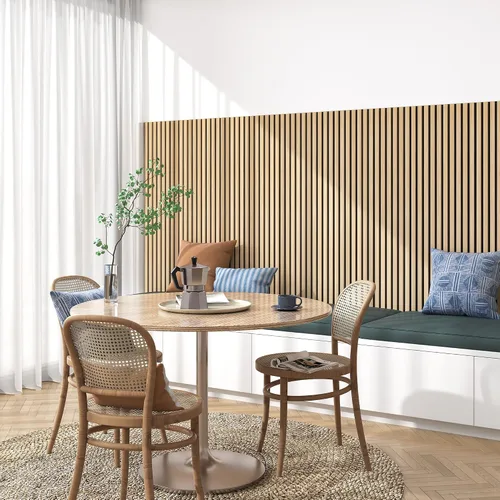 Vista 6 de ROOMTEC Paquete de 2 paneles acústicos de pared de madera maciza, paneles de pared insonorizados de 94.49 x 12.6 pulgadas, paneles de pared de Roble