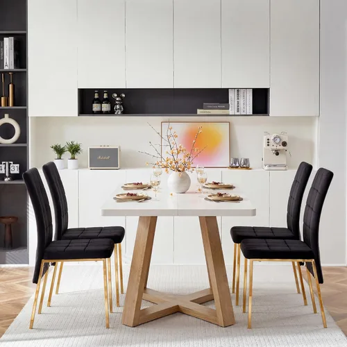 Vista 19 de Howtek Juego de mesa de comedor rectangular para 4, moderno de mediados de siglo con 4 sillas de cocina de terciopelo tapizado negro, juego de mesa