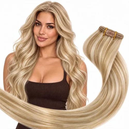Vista 27 de Ve Sunny Extensiones de cabello humano real con clip balayage, color marrón castaño degradado a rubio, 12 pulgadas, 5 unidades, 2.82 onzas