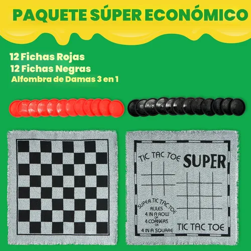 Vista 2 de Damas gigantes vintage 3 en 1, tres en raya, con tapete reversible, 24 fichas, juego de mesa familiar, juego de césped, recuerdo de fiesta