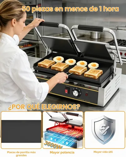 Vista 12 de Panini Press comercial - Parrilla eléctrica Panini de 3600 W, acero inoxidable, controles de temperatura duales, prensa doble sándwich con sartén
