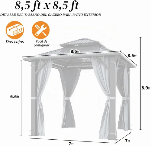 Vista 7 de GARTOO Gazebo de techo rígido para exteriores de 8 x 8 pies con techo doble Negro