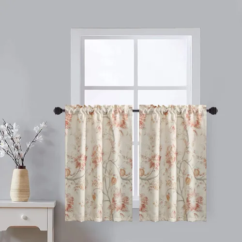 Vista 25 de Leeva Cortinas rústicas de cocina con estampado floral verde mezclado de lino para media ventana, para comedor, bolsillo para barra, cafetería