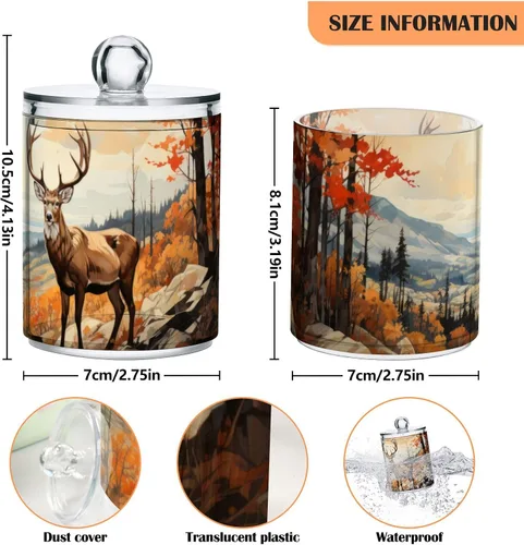 Vista 3 de Vnurnrn Qtip - Dispensador de bolas de algodón con tapa, estampado de ciervos y bosques otoñales, tarros de plástico, recipientes de baño