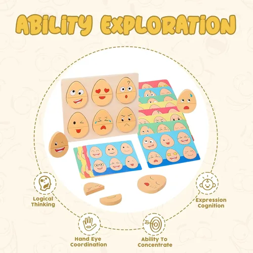Vista 3 de Juguetes Montessori para niños de 1, 2, 3 años, juguetes de madera para clasificar expresiones faciales para niños pequeños, juego de bloques