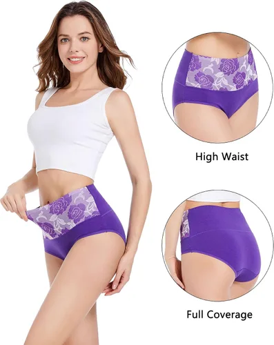 Vista 2 de Havvis - Calzones de cintura alta y de algodón para mujer, ropa interior que disimula la barriga, jacquard con rosas, paquete múltiple