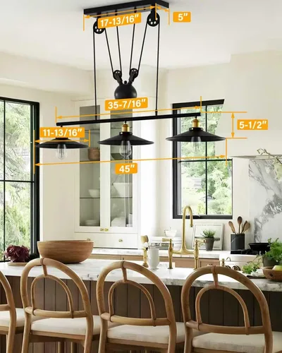 Vista 5 de WINSOON Lámpara de 3 cabezas con diseño de poleas creativo, hierro pintado de negro, luz para isla, bar, colgante retro Matte Black Metal E26