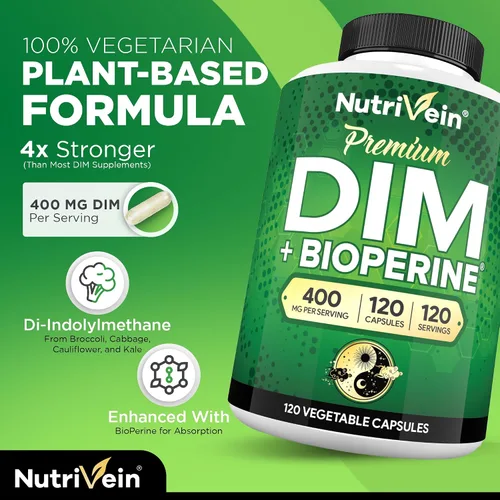 Vista 3 de Nutrivein Suplemento DIM Premium de 400 mg al día - 120 porciones (120 cápsulas): Diindolilmetano para mujeres y hombres - Más Bioperine