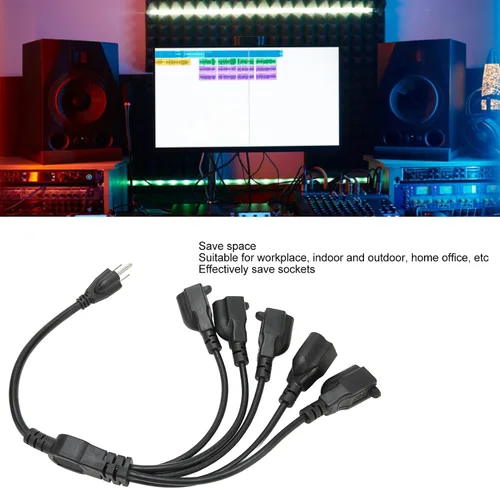 Vista 2 de Divisor de cable de alimentación de 5 vías, 3 clavijas de 1 a 5 salidas, ahorro de espacio 16AWG 18AWG para luz LED de escenario de computadora
