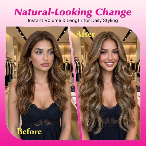 Vista 8 de Ve Sunny Extensiones de cabello clip-in de cabello humano real con reflejos, extensiones de cabello con clip para cabello corto, marrón oscuro