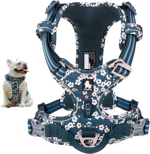 Vista 8 de La La Pet® Arnés para perro sin tirones con clip frontal, arnés reflectante para perro con asa, chaleco acolchado de neopreno floral para cachorros