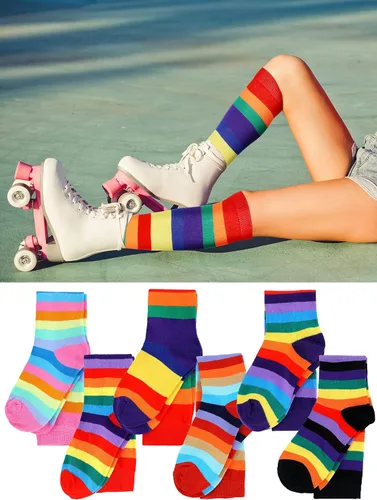 Vista 7 de Unittype 6 Pair Knee High Socks for Women Long Tube Striped Socks Roller Skate Socks for Girls Youth Christmas