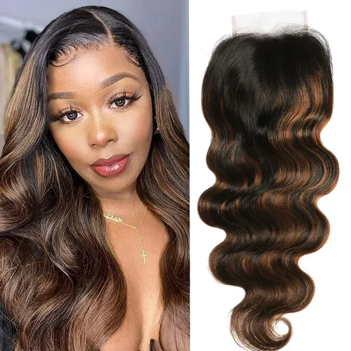 Vista 6 de UNICE Ombre Highlight Body Wave cierre de encaje 4x4 parte libre, cabello humano marrón cierre ondulado con raíces oscuras, color FB30 de 16