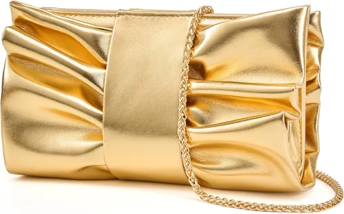 Vista 8 de Elegante bolso de mano con lazo para mujer, suave y plisado, bolsa de noche de poliuretano con cadena desmontable para fiesta de graduación, boda