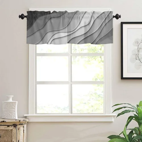 Vista 3 de Cortina de cenefa negra degradada para ventanas de kithchen, negro, blanco, gris, degradado, moderno, abstracto, geométrico, cenefa con bolsillo