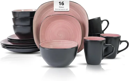Vista 9 de juego de vajilla de cerámica de 16 piezas en forma cuadrada, interior rosa brillante + exterior negro mate