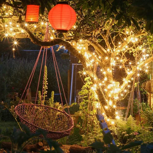 Vista 5 de Luces solares de Navidad para exteriores, tira de luces de 33 pies con 100 luces LED de hadas solares, 8 modos, luces impermeables para Navidad
