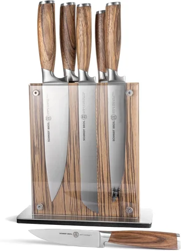 Vista 14 de Schmidt Brothers - Juego de cuchillos de cocina de 7 piezas, cubiertos de acero inoxidable alemán de alto carbono, asas de madera con acabado