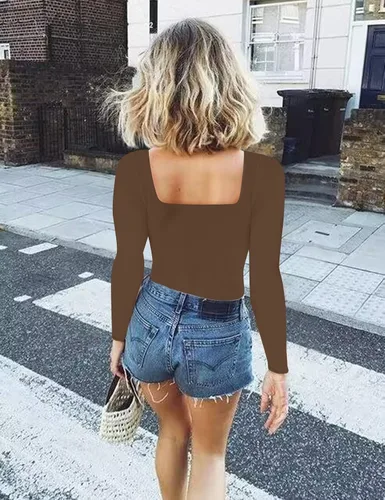 Vista 5 de Chunpin Body sexy de manga corta con cuello cuadrado para mujer, con doble forro