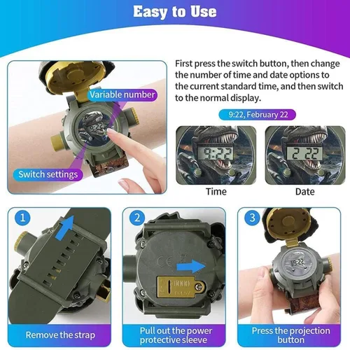 Vista 5 de RAYCHY Reloj Dinosaurio Linterna Proyector Juguetes Patrón Animal Antorcha Juguetes Educativos Regalo