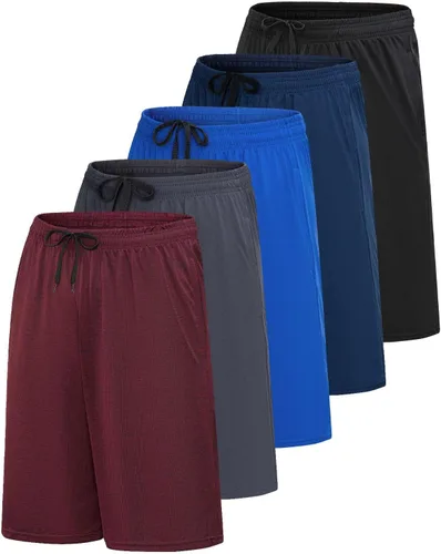 Vista 8 de Real Essentials Paquete de 5 para hombre: pantalones cortos Dry-Fit de 9" - Gimnasio atlético, entrenamiento, baloncesto, correr, bolsillos casuales