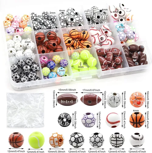 Vista 2 de LEKAI 15 estilos de cuentas de pelota deportiva, baloncesto, tenis, voleibol, béisbol, rugby, fútbol, con 1 rollo de cuerda elástica y una caja