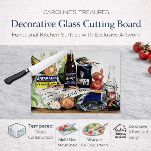 Vista 3 de Caroline's Treasures 1002LCB Barq's, Crabs and Spices Tabla de cortar de vidrio grande decorativa de vidrio templado Tabla de cortar y servir