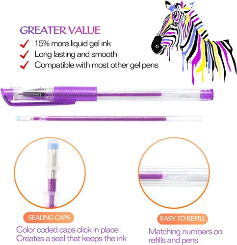 Vista 4 de ZSCM QUALITY DECIDES THE FUTURE ZSCM - Paquete de 48 bolígrafos de gel con purpurina que incluye 24 rotuladores de gel de colores, 24 repuestos
