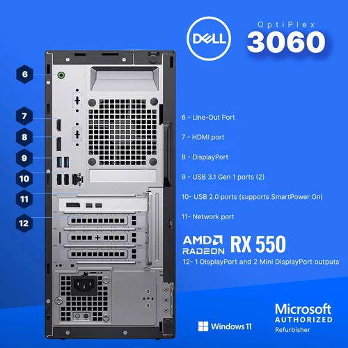 Vista 8 de Dell OptiPlex 3060 Torre PC Intel Core i5-8500 32 GB de RAM SSD de 1 TB NVME M.2 de 250 MB Nvidia RX 550 4GB Windows 11 Pro WiFi BT