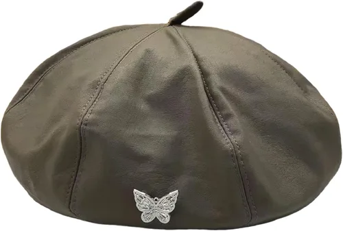 Vista 9 de MINGSEECESS Mujeres PU cuero francés negro boina sombrero Causal Beanie Hat Cinturón-marrón
