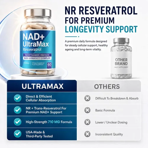 Vista 4 de UltraMax NAD+ Suplemento con resveratrol – Ribosida de nicotinamida (NR), quercetina y fenogreco de alta resistencia, 30 porciones Energía celular