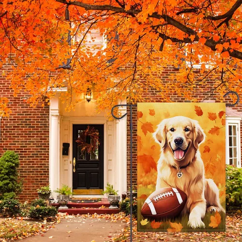 Vista 4 de Balgardekor Bandera de jardín de otoño de fútbol Golden Retriever para exteriores, bandera de arpillera de bienvenida para exteriores, decoración