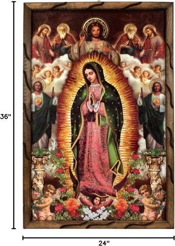 Vista 4 de DVDMATINEMOVIES - Pintura al óleo divina de Nuestra Señora de Guadalupe, marco rústico de madera especial de 24 x 36 pulgadas, arte de la Virgen