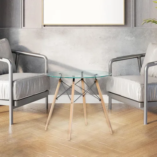 Vista 2 de Fab Glass and Mirror Bases de mesa de madera con mesa de comedor redonda de vidrio de 30 pulgadas, 3/8 de grosor, elegante mesa de comedor redonda