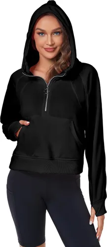 Vista 7 de FKEEP Half Zip Hoodies for Women Zipper Up Cropped Hooded Long Sleeve Athletic Pullover Tops with Thumb Hole