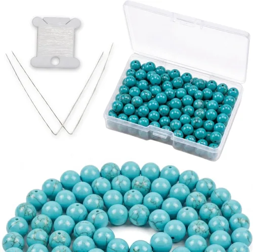 Vista 34 de Cherry Tree Collection 100 cuentas redondas de 6 mm de turquesa africana para hacer joyas Incluye caja de almacenamiento, cordón elástico