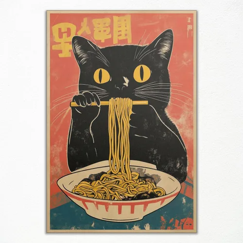 Vista 17 de Arte de pared vintage de gato japonés en lona, póster de gato negro peculiar comiendo ramen, impresión de arte retro de animales divertidos