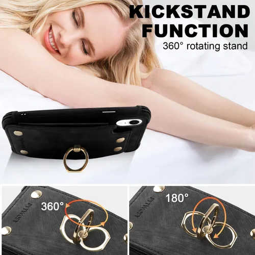 Vista 5 de Funda tipo cartera compatible con iPhone XR/10R con tarjetero de crédito, funda protectora de cuero a prueba de golpes compatible con anillo