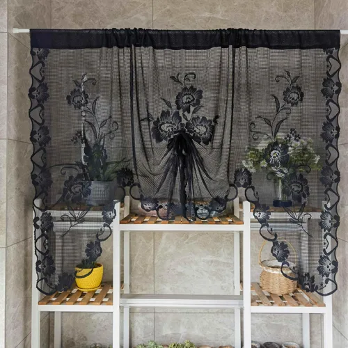 Vista 7 de Cenefa de cortina de encaje transparente con bordado floral negro, estilo princesa, estilo princesa, cenefa de cortina bordada en cascada