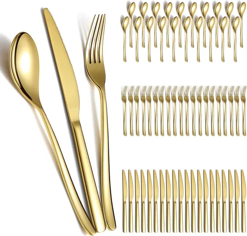 Vista 9 de Berglander - Juego de cubiertos de oro de 60 piezas, servicio para 12, juego de cubiertos de acero inoxidable con chapado en titanio dorado, juego