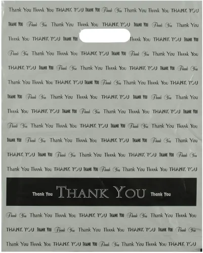 Vista 6 de 12x15 negro "Gracias" troquelado mango bolsas de plástico 50/cs