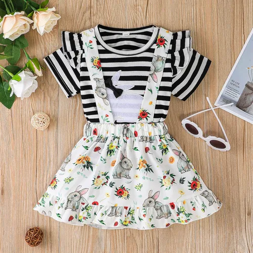 Vista 2 de AIMAOMI Easter Bunny Baby Girls Clothes Outfits Ruffle Short Sleeve Top Shirt + Suspender Skirt Set for Toddler Kids