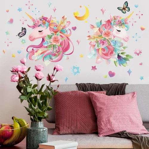 Vista 3 de Runtoo Calcomanías de pared de unicornio rosa arcoíris para niñas, dormitorio, bebé, guardería, habitación de niños, decoración de fiesta de 2