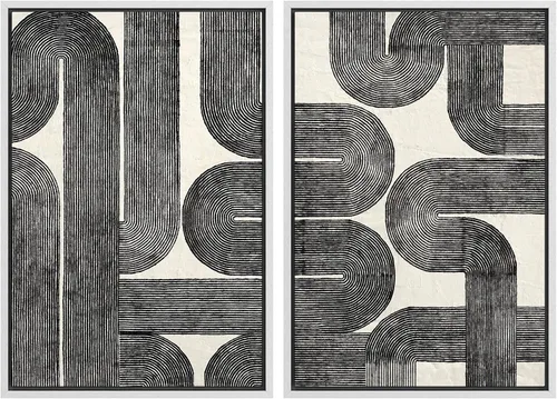 Vista 129 de SIGNWIN Lienzo enmarcado para pared, juego de arte de collage de ondas en espiral de mediados de siglo, formas abstractas, acogedor, neutro