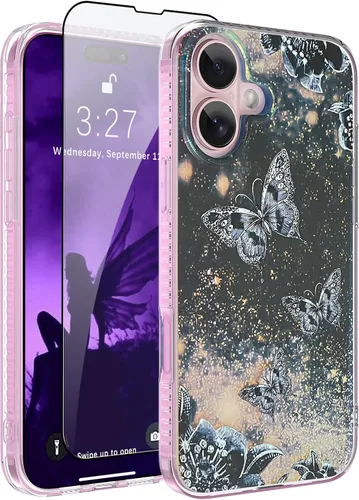 Vista 21 de OOK Diseños para iPhone 14 Pro Max Funda con Purpurina Mariposa Púrpura Diseño de Nebulosa Espacial PC Duro + TPU Suave Parachoques Antideslizante