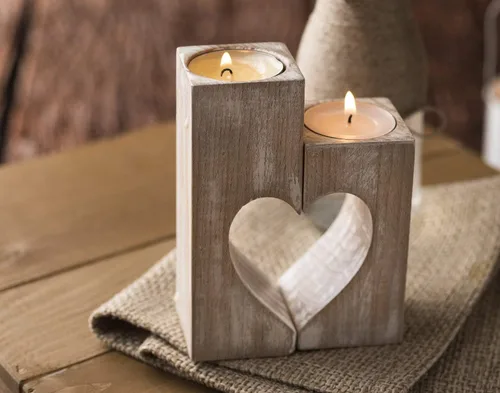 Vista 2 de Portavelas rústico hecho a mano de madera en forma de corazón, soporte para velas de té para regalo del día de San Valentín para ella, boda