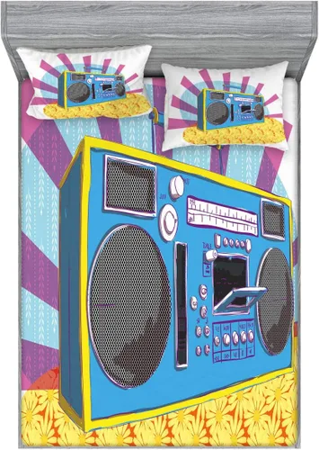 Vista 4 de Ambesonne Retro 2 Pack Fitted Sheet & Pillow Sham Set, Boom Box Pop Art Dance, 4 Pcs Bedding Decor, Package Contains 2 Full Size Fitted Sheets & 4