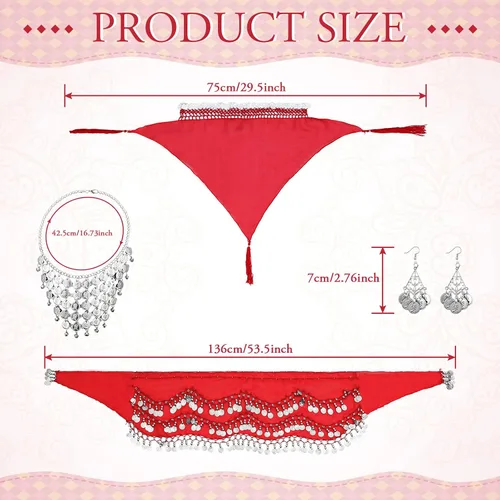 Vista 3 de Kigeli Disfraz gitano de 4 piezas para mujer, accesorios de adivinos, para Halloween, danza del vientre, bufanda de cadera, bufanda de cabeza gitana