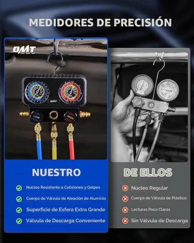 Vista 4 de OMT 3-Way AC Manifold Gauge Set para R1234yf R134a R404a con mangueras de 5